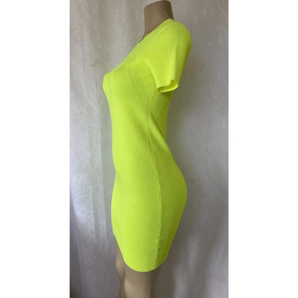 Helmut Lang Neon Yellow Mini Dress Ribbed Knit Sheath Short Sleeve Crew … - Picture 4 of 7